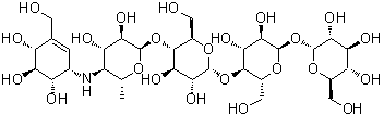 alpha-D-Glucopyranosyl O-4,6-dideoxy-4-[[(1S,4R,5S,6S)-4,5,6-trihydroxy-3-(hydroxymethyl)-2-cyclohexen-1-yl]amino]-alpha-D-glucopyranosyl-(1→4)-O-alpha-D-glucopyranosyl-(1→4)-alpha-D-glucopyranoside molecular structure (CAS 1013621-73-2)