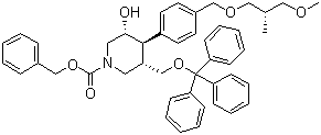 (3R,4R,5S)-3-Hydroxy-4-[4-[[(2S)-3-methoxy-2-methylpropoxy]methyl]phenyl]-5-[(triphenylmethoxy)methyl]-1-piperidinecarboxylic acid phenylmethyl ester molecular structure (CAS 1018478-41-5)