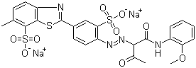structure of CAS# 10190-68-8, Direct Yellow 27;Disodium 2-[4-[[1-[[(2-methoxyphenyl)amino]carbonyl]-2-oxopropyl]azo]-3-sulphonatophenyl]-6-methylbenzothiazole-7-sulphonate