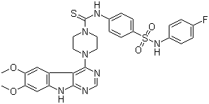 4-(6,7-Dimethoxy-9H-pyrimido[4,5-b]indol-4-yl)-N-[4-[[(4-fluorophenyl)amino]sulfonyl]phenyl]-1-piperazinecarbothioamide molecular structure (CAS 1023310-86-2)
