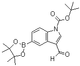 结构式 CAS# 1025707-92-9, 3-甲酰基-5-(4,4,5,5-四甲基-1,3,2-二氧杂环戊硼烷-2-基)-1H-吲哚-1-羧酸叔丁酯