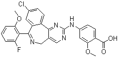 structure of CAS# 1028486-01-2, 4-[[9-Chloro-7-(2-fluoro-6-methoxyphenyl)-5H-pyrimido[5,4-d][2]benzazepin-2-yl]amino]-2-methoxybenzoic acid;MLN-8237
