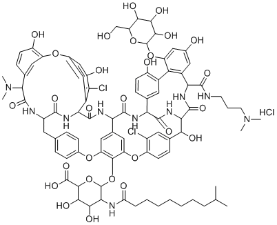 structure of CAS# 102961-72-8, Antibiotic A 40926;Dalbavancin Impurity-A 40926;6-[[5,32-dichloro-22-(dimethylamino)-52-[3-(dimethylamino)propylcarbamoyl]-2,26,31,44,49-pentahydroxy-21,35,38,54,56,59-hexaoxo-47-[3,4,5-trihydroxy-6-(hydroxymethyl)oxan-2-yl]oxy-7,13,28-trioxa-20,36,39,53,55,58-hexazaundecacyclo[38.14.2.23,6.214,17.219,34.18,12.123,27.129,33.141,45.010,37.046,51]hexahexaconta-3,5,8,10,12(64),14(63),15,17(62),23(61),24,26,29(60),30,32,41(57),42,44,46(51),47,49,65-henicosaen-64-yl]oxy]-3,4-dihydroxy-5-(9-methyldecanoylamino)oxane-2-carboxylic acid;hydrochloride