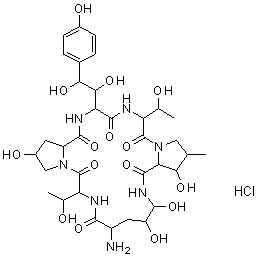 structure of CAS# 1029890-89-8, 1-[(4R,5R)-4,5-Dihydroxy-L-ornithine]echinocandin B hydrochloride (1:1);(3S,6S,9S,11R,15S,18S,20R,21R,24S,25S,26S)-18-amino-6-[(1S,2S)-1,2-dihydroxy-2-(4-hydroxyphenyl)ethyl]-11,20,21,25-tetrahydroxy-3,15-bis[(1R)-1-hydroxyethyl]-26-methyl-1,4,7,13,16,22-hexaazatricyclo[22.3.0.0?,¹³]heptacosane-2,5,8,14,17,23-hexone hydrochlo