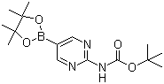 structure of CAS# 1032758-88-5, [2-[(tert-Butoxycarbonyl)amino]pyrimidin-5-yl]boronic acid pinacol ester;N-[5-(4,4,5,5-tetramethyl-1,3,2-dioxaborolan-2-yl)-2-pyrimidinyl]carbamic acid 1,1-dimethylethyl ester