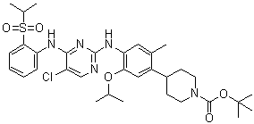 structure of CAS# 1032903-64-2, 4-[4-[[5-Chloro-4-[[2-[(propan-2-yl)sulfonyl]phenyl]amino]pyrimidin-2-yl]amino]-5-isopropoxy-2-methylphenyl]piperidine-1-carboxylic acid tert-butyl ester