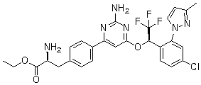structure of CAS# 1033805-22-9, LX 1606;Telotristat ethyl; (2S)-2-Amino-3-[4-[2-amino-6-[[(1R)-1-[4-chloro-2-(3-methylpyrazol-1-yl)phenyl]-2,2,2-trifluoroethyl]oxy]pyrimidin-4-yl]phenyl]propionic acid ethyl ester