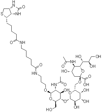 (3aS,4S,6aR)-N-[6-[[3-[[O-(N-Acetyl-alpha-neuraminosyl)-(2→6)-O-beta-D-galactopyranosyl-(1→4)-2-(acetylamino)-2-deoxy-beta-D-glucopyranosyl]oxy]propyl]amino]-6-oxohexyl]hexahydro-2-oxo-1H-thieno[3,4-d]imidazole-4-pentanamide molecular structure (CAS 1038746-08-5)