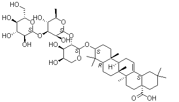 3-[(O-beta-D-Glucopyranosyl-(1→3)-O-6-deoxy-alpha-L-mannopyranosyl-(1→2)-alpha-L-arabinopyranosyl)oxy]-olean-12-en-28-oic acid molecular structure (CAS 103956-33-8)