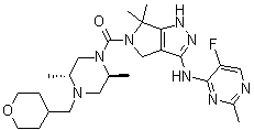 [(2S,5R)-2,5-Dimethyl-4-[(tetrahydro-2H-pyran-4-yl)methyl]-1-piperazinyl][3-[(5-fluoro-2-methyl-4-pyrimidinyl)amino]-4,6-dihydro-6,6-dimethylpyrrolo[3,4-c]pyrazol-5(1H)-yl]methanone molecular structure (CAS 1046787-18-1)