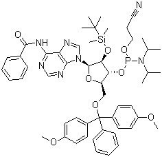 N-Benzoyl-5'-O-(4,4-Dimethoxytrityl)-2'-O-[(tert-butyl)dimethylsilyl]adenosine-3'-(2-cyanoethyl-N,N-diisopropyl)phosphoramidite molecular structure (CAS 104992-55-4)