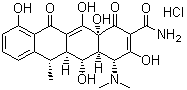 结构式 CAS# 10592-13-9, 盐酸多西环素; 强力霉素盐酸盐; 6-甲基-4-(二甲氨基)-3,5,10,12,12a-五羟基-1,11-二氧代-1,4,4a,5,5a,6,11,12a-八氢-2-并四苯甲酰胺盐酸盐