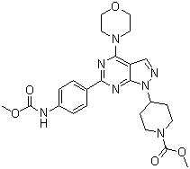 结构式 CAS# 1062169-56-5, WYE 354; 4-[6-[4-[(甲氧羰基)氨基]苯基]-4-(4-吗啉基)-1H-吡唑并[3,4-d]嘧啶-1-基]-1-哌啶羧酸甲酯