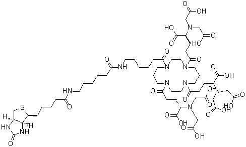 (alpha1S,alpha4S,alpha8S)-alpha1,alpha4,alpha8-Tris[bis(carboxymethyl)amino]-11-[6-[[6-[[5-[(3aS,4S,6aR)-hexahydro-2-oxo-1H-thieno[3,4-d]imidazol-4-yl]-1-oxopentyl]amino]-1-oxohexyl]amino]-1-oxohexyl]-delta1,delta4,delta8-trioxo-1,4,8,11-tetraazacyclotetradecane-1,4,8-tripentanoic acid molecular structure (CAS 1070867-85-4)