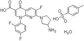 结构式 CAS# 107097-79-0, 甲苯磺酸妥舒沙星; 7-(3-氨基吡咯烷-1-基)-1-(2,4-二氟苯基)-6-氟-1,4-二氢-4-氧-1,8-萘啶-3-羧酸对甲苯磺酸盐一水物