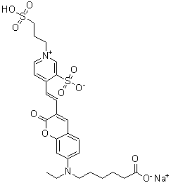 4-[2-[7-[(5-Carboxypentyl)ethylamino]-2-oxo-2H-1-benzopyran-3-yl]ethenyl]-3-sulfo-1-(3-sulfopropyl)pyridinium inner salt sodium salt molecular structure (CAS 1071838-34-0)