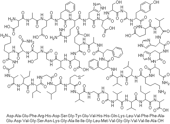 structure of CAS# 107761-42-2, beta-Amyloid (1-42) human;L-alpha-Aspartyl-L-alanyl-L-alpha-glutamyl-L-phenylalanyl-L-arginyl-L-histidyl-L-alpha-aspartyl-L-serylglycyl-L-tyrosyl-L-alpha-glutamyl-L-valyl-L-histidyl-L-histidyl-L-glutaminyl-L-lysyl-L-leucyl-L-valyl-L-phenylalanyl-L-phenylalanyl-L-alanyl-L-alpha-glutamyl-L-alpha-aspartyl-L-valylglycyl-L-seryl-L-asparaginyl-L-lysylglycyl-L-alanyl-L-isoleucyl-L-isoleucylglycyl-L-leucyl-L-methionyl-L-valylglycylglycyl-L-valyl-L-valyl-L-isoleucyl-L-alanine
