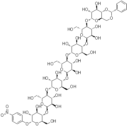 4-Nitrophenyl O-4,6-O-(phenylmethylene)-alpha-D-glucopyranosyl-(1→4)-O-alpha-D-glucopyranosyl-(1→4)-O-alpha-D-glucopyranosyl-(1→4)-O-alpha-D-glucopyranosyl-(1→4)-O-alpha-D-glucopyranosyl-(1→4)-O-alpha-D-glucopyranosyl-(1→4)-alpha-D-glucopyranoside molecular structure (CAS 109055-07-4)