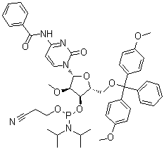 structure of CAS# 110764-78-8, N-Benzoyl-5'-O-[bis(4-methoxyphenyl)phenylmethyl]-2'-O-methylcytidine 3'-[2-cyanoethyl bis(1-methylethyl)phosphoramidite]