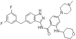 structure of CAS# 1108743-60-7, Entrectinib;N-[5-[(3,5-Difluorophenyl)methyl]-1H-indazol-3-yl]-4-(4-methyl-1-piperazinyl)-2-[(tetrahydro-2H-pyran-4-yl)amino]benzamide; RXDX 101
