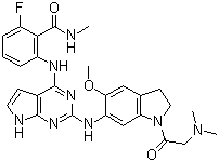structure of CAS# 1116235-97-2, GSK1838705A;2-[[2-[[1-[(Dimethylamino)ethanoyl]-5-(methyloxy)-2,3-dihydro-1H-indol-6-yl]amino]-7H-pyrrolo[2,3-d]pyrimidin-4-yl]amino]-6-fluoro-N-methylbenzamide