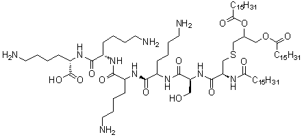 S-[2,3-Bis[(1-oxohexadecyl)oxy]propyl]-N-(1-oxohexadecyl)-L-cysteinyl-L-seryl-L-lysyl-L-lysyl-L-lysyl-L-lysine molecular structure (CAS 112208-00-1)