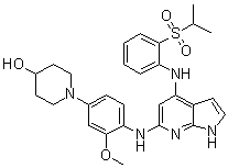 1-[4-[[4-[[2-(Isopropylsulfonyl)phenyl]amino]-1H-pyrrolo[2,3-b]pyridin-6-yl]amino]-3-methoxyphenyl]piperidin-4-ol molecular structure (CAS 1125593-20-5)