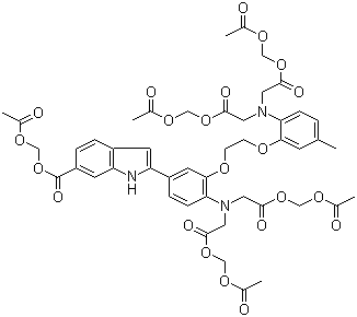 structure of CAS# 112926-02-0, Indo 1-AM;2-[4-[Bis[2-[(acetyloxy)methoxy]-2-oxoethyl]amino]-3-[2-[2-[bis[2-[(acetyloxy)methoxy]-2-oxoetyl]amino]-5-methylphenoxy]ethoxy]phenyl]-1H-indole-6-carboxylic acid (acetyloxy)methyl ester