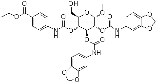structure of CAS# 1137359-47-7, Methyl alpha-D-glucopyranoside 2,3-bis(N-1,3-benzodioxol-5-ylcarbamate) 4-[N-[4-(ethoxycarbonyl)phenyl]carbamate]