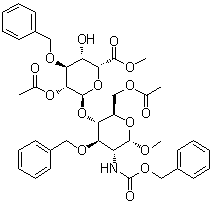 Methyl 4-O-[2-O-acetyl-6-methyl-3-O-(phenylmethyl)-alpha-L-idopyranuronosyl]-2-deoxy-2-[[(phenylmethoxy)carbonyl]amino]-3-O-(phenylmethyl)-alpha-D-glucopyranoside 6-acetate molecular structure (CAS 114869-97-5)