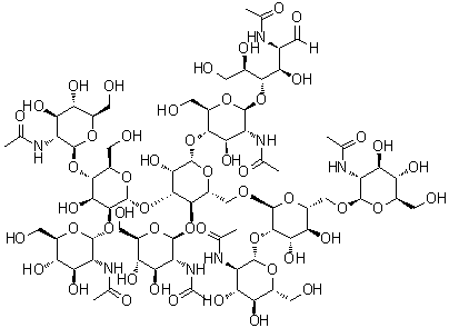 O-2-(乙酰氨基)-2-脱氧-alpha-D-吡喃葡萄糖基-(1→2)-O-[2-(乙酰氨基)-2-脱氧-beta-D-吡喃葡萄糖基-(1→4)]-O-alpha-D-甘露糖基-(1→3)-O-[2-(乙酰氨基)-2-脱氧-beta-D-吡喃葡萄糖基-(1→4)]-O-[O-2-(乙酰氨基)-2-脱氧-beta-D-吡喃葡萄糖基-(1→2)-O-[2-(乙酰氨基)-2-脱氧-beta-D-吡喃葡萄糖基-(1→6)]-alpha-D-甘露糖基-(1→6)]-O-beta-D-甘露糖基-(1→4)-O-2-(乙酰氨基)-2-脱氧-beta-D-吡喃葡萄糖基-(1→4)-2-(乙酰氨基)-2-脱氧-D-葡萄糖分子结构 (CAS 115403-70-8)