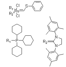 结构式 CAS# 1155422-69-7, [1,3-双(2,4,6-三甲基苯基)-2-咪唑烷亚基][(苯硫基)亚甲基](三环己基膦)二氯化钌