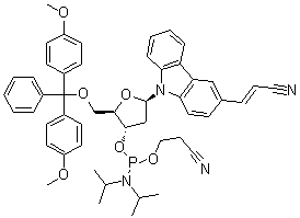 (2E)-3-[9-[5-O-[Bis(4-methoxyphenyl)phenylmethyl]-3-O-[[bis(1-methylethyl)amino](2-cyanoethoxy)phosphino]-2-deoxy-beta-D-erythro-pentofuranosyl]-9H-carbazol-3-yl]-2-propenenitrile molecular structure (CAS 1157899-72-3)