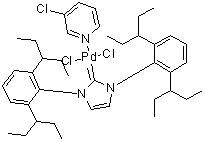 (SP-4-1)-[1,3-Bis[2,6-bis(1-ethylpropyl)phenyl]-1,3-dihydro-2H-imidazol-2-ylidene]dichloro(3-chloropyridine)palladium molecular structure (CAS 1158652-41-5)