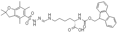 结构式 CAS# 1159680-21-3, N6-[[[(2,3-二氢-2,2,4,6,7-五甲基-5-苯并呋喃基)磺酰基]氨基]亚氨基甲基]-N2-[(9H-芴-9-基甲氧基)羰基]-L-赖氨酸
