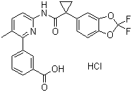 structure of CAS# 1160221-26-0, 3-[6-[[[1-(2,2-Difluoro-1,3-benzodioxol-5-yl)cyclopropyl]carbonyl]amino]-3-methyl-2-pyridinyl]benzoic acid hydrochloride (1:1)