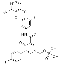 [3-[[4-((2-Amino-3-chloropyridin-4-yl)oxy)-3-fluorophenyl]carbamoyl]-5-(4-fluorophenyl)-4-oxo-4H-pyridin-1-yl]methyl dihydrogen phosphate molecular structure (CAS 1174161-69-3)