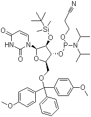 结构式 CAS# 118362-03-1, 5'-O-(4,4-二甲氧基三苯甲基)-2'-O-[(叔丁基)二甲基硅基]尿苷-3'-(2-氰基乙基-N,N-二异丙基)亚磷酰胺