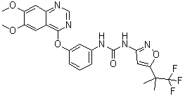 structure of CAS# 1188910-76-0, CEP 32496;1-[3-[(6,7-Dimethoxyquinazolin-4-yl)oxy]phenyl]-3-[5-(1,1,1-trifluoro-2-methylpropan-2-yl)isoxazol-3-yl]urea