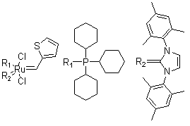 Dichloro[1,3-dihydro-1,3-bis(2,4,6-trimethylphenyl)-2H-imidazol-2-ylidene](2-thienylmethylene)(tricyclohexylphosphine)ruthenium molecular structure (CAS 1190427-49-6)