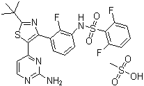 structure of CAS# 1195768-06-9, Dabrafenib mesylate;GSK 2118436 methanesulfonate salt; GSK 2118436B; N-[3-[5-(2-Amino-4-pyrimidinyl)-2-(1,1-dimethylethyl)-4-thiazolyl]-2-fluorophenyl]-2,6-difluoro-benzenesulfonamide methanesulfonate