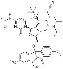 结构式 CAS# 121058-88-6, N-乙酰基-5'-O-(4,4-二甲氧基三苯甲基)-2'-O-[(叔丁基)二甲基硅基]胞苷-3'-(2-氰基乙基-N,N-二异丙基)亚磷酰胺