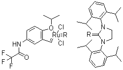 [1,3-Bis[2,6-bis(1-methylethyl)phenyl]-2-imidazolidinylidene]dichloro[[2-(1-methylethoxy)-5-[(2,2,2-trifluoroacetyl)amino]phenyl]methylene]-ruthenium molecular structure (CAS 1212008-99-5)
