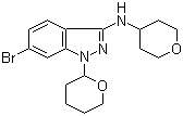 6-Bromo-1-(tetrahydro-2H-pyran-2-yl)-N-(tetrahydro-2H-pyran-4-yl)-1H-indazol-3-amine molecular structure (CAS 1214900-68-1)