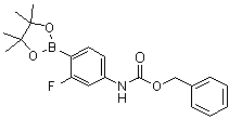 structure of CAS# 1218791-13-9, N-[3-Fluoro-4-(4,4,5,5-tetramethyl-1,3,2-dioxaborolan-2-yl)phenyl]carbamic acid phenylmethyl ester