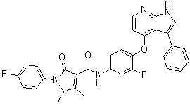 structure of CAS# 1221713-92-3, 2-(4-Fluorophenyl)-N-[3-fluoro-4-[(3-phenyl-1H-pyrrolo[2,3-b]pyridin-4-yl)oxy]phenyl]-2,3-dihydro-1,5-dimethyl-3-oxo-1H-pyrazole-4-carboxamide;NPS 1034