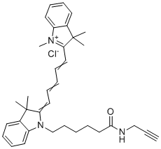 structure of CAS# 1223357-57-0, Cyanine5 alkyne;6-[3,3-dimethyl-2-[5-(1,3,3-trimethylindol-1-ium-2-yl)penta-2,4-dienylidene]indol-1-yl]-N-prop-2-ynylhexanamide;chloride