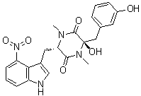 structure of CAS# 122380-18-1, Thaxtomine A;(3R,6S)-3-Hydroxy-3-[(3-hydroxyphenyl)methyl]-1,4-dimethyl-6-[(4-nitro-1H-indol-3-yl)methyl]-2,5-piperazinedione; MBI 005; Thaxtomin A