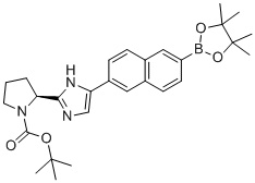 (S)-tert-butyl 2-(4-(6-(4,4,5,5-tetramethyl-1,3,2-dioxaborolan-2-yl)naphthalen-2-yl)-1H-imidazol-2-yl)pyrrolidine-1-carboxylate molecular structure (CAS 1228552-26-8)