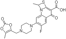 structure of CAS# 123447-62-1, Prulifloxacin;(+/-)-7-{4-[(Z)-2,3-Dihydroxy-2-butenyl]-1-piperazinyl}-6-fluoro-1-methyl-4-oxo-1H,4H-[1,3]thiazeto[3,2-a]quinoline-3-carboxylic acid cyclic carbonate; 6-Fluoro-1-methyl-7-(4-(5-methyl-2-oxo-1,3-dioxelen-4-yl)methyl-1-piperazinyl)-4-oxo-4H-(1,3)thiazeto(3,2-a)quinoline-3-carboxylic acid
